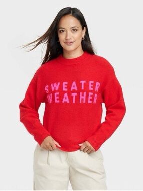 a new day Red Crewneck 'SWEATER WEATHER' Sweater with Pink